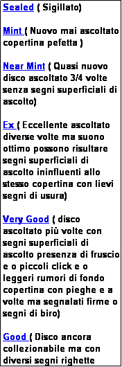Casella di testo: Sealed ( Sigillato)

Mint ( Nuovo mai ascoltato copertina pefetta )

Near Mint ( Quasi nuovo disco ascoltato 3/4 volte senza segni superficiali di ascolto)

Ex ( Eccellente ascoltato diverse volte ma suono ottimo possono risultare segni superficiali di ascolto ininfluenti allo stesso copertina con lievi segni di usura)

Very Good ( disco ascoltato pi� volte con segni superficiali di ascolto presenza di fruscio e o piccoli click e o leggeri rumori di fondo copertina con pieghe e a volte ma segnalati firme o segni di biro)

Good ( Disco ancora collezionabile ma con diversi segni righette rumori di fondo a volte anche piuttosto marcati ecc. copertina co anche piccoli stappi e o tagli)
