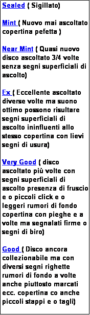 Casella di testo: Sealed ( Sigillato)

Mint ( Nuovo mai ascoltato copertina pefetta )

Near Mint ( Quasi nuovo disco ascoltato 3/4 volte senza segni superficiali di ascolto)

Ex ( Eccellente ascoltato diverse volte ma suono ottimo possono risultare segni superficiali di ascolto ininfluenti allo stesso copertina con lievi segni di usura)

Very Good ( disco ascoltato pi� volte con segni superficiali di ascolto presenza di fruscio e o piccoli click e o leggeri rumori di fondo copertina con pieghe e a volte ma segnalati firme o segni di biro)

Good ( Disco ancora collezionabile ma con diversi segni righette rumori di fondo a volte anche piuttosto marcati ecc. copertina co anche piccoli stappi e o tagli)
